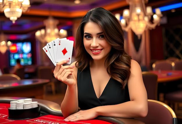 wildbets live casino dealer table with cards and chips on screen